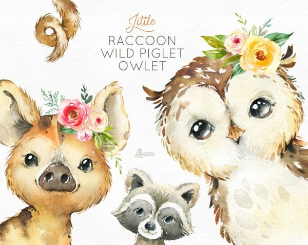 Милые животные акварелью