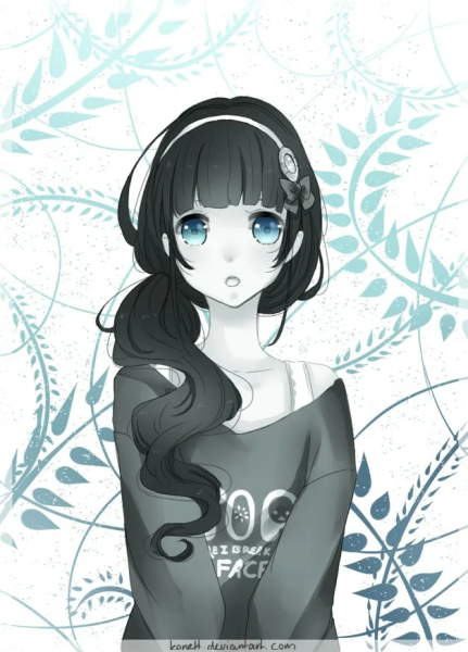 Аниме девушка с черными волосами и голубыми глазами