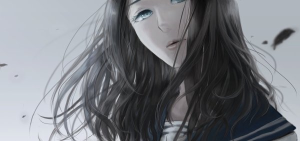 Девушка с чёрными волосами и серыми глазами арт