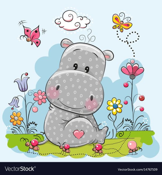 Бегемотики с цветами открытки