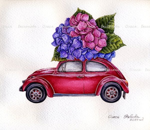 Машина с цветами акварель