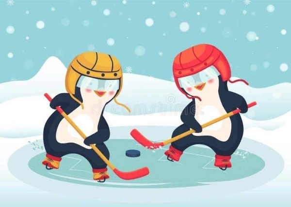 Пингвин играет в хоккей