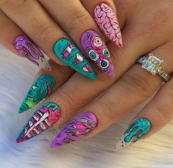 Необычный яркий маникюр на длинные ногти
