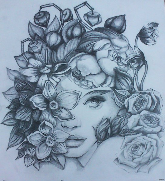 Девушка с цветами карандашом