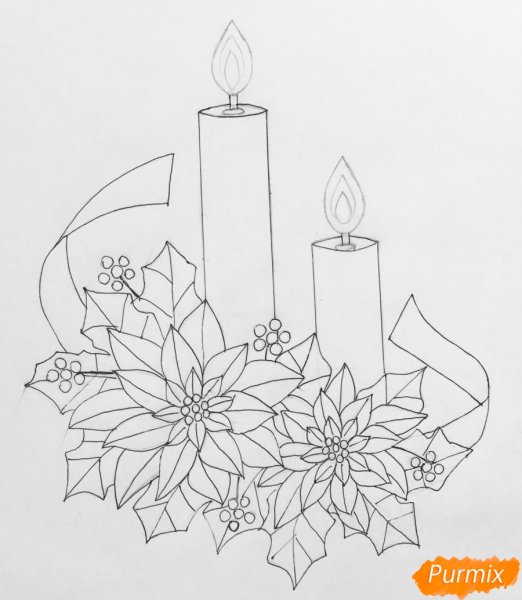 Поэтапное рисование новогодней свечи