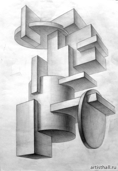 Натюрморт из геометрических форм (куб, конус, шар), Графика.