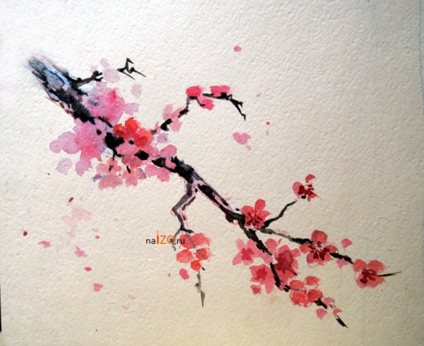 Японская живопись Суми-э Сакура традиционная гора