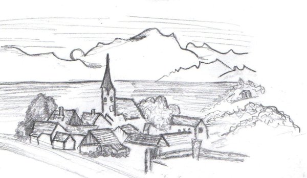 Пейзаж сельской местности карандашом