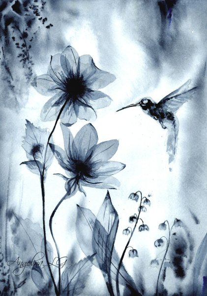 Акварельные цветы черно белые