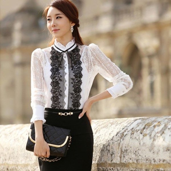 Белые блузки с черными кружевами