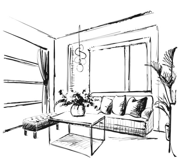 Черно белый скетч интерьера