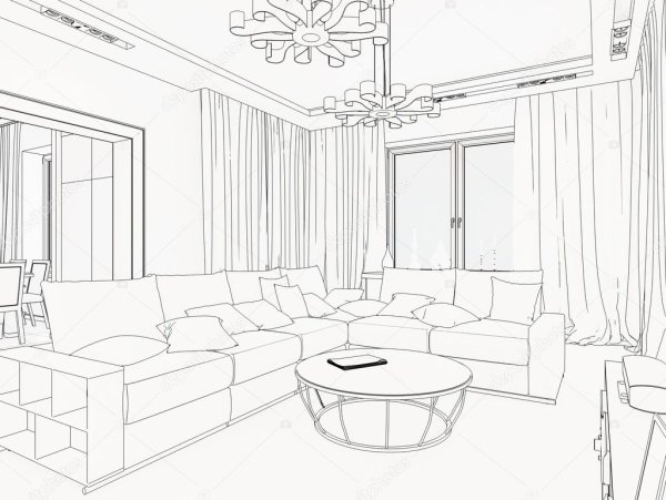 Интерьер комнаты гостинной в карандаше