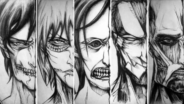 Атакующий Титан Эрен черно белый