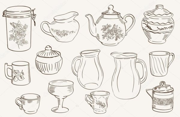 Посуда в одном стиле рисунок