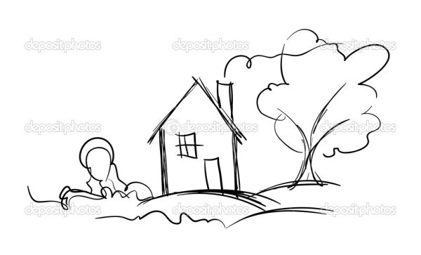 Домик в деревне контур вектор