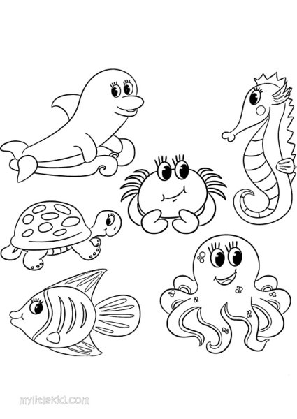 Морские обитатели для детей черно белые