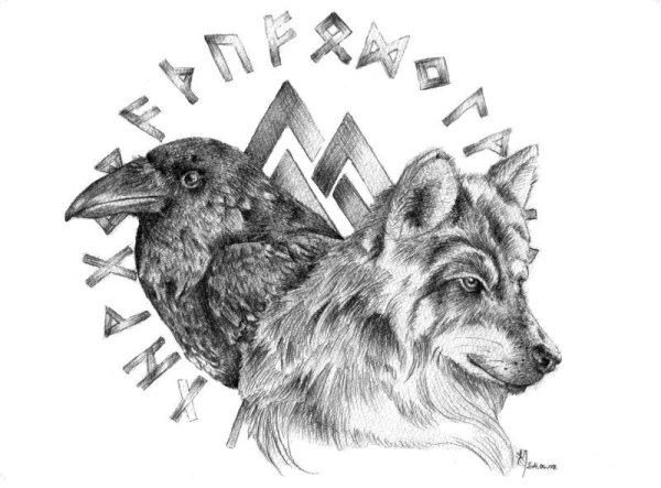 Волк и ворон тату эскиз