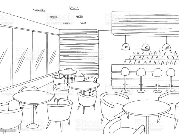 Столовая Школьная столы черно белый эскиз