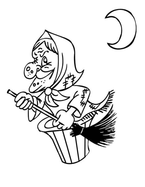 Баба Яга в ступе раскраска для детей