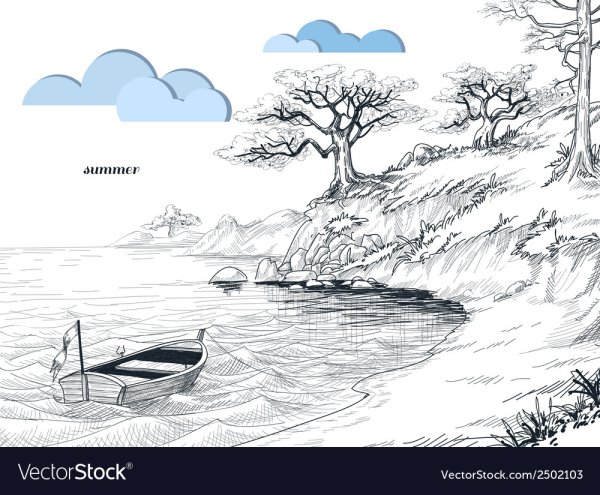 Пейзаж карандашом озеро