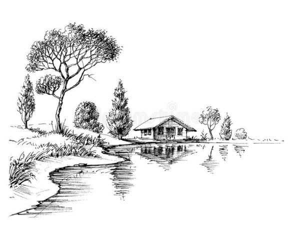 Домик и речка карандашом