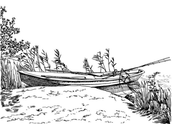 Контурный рисунок лодка на реке