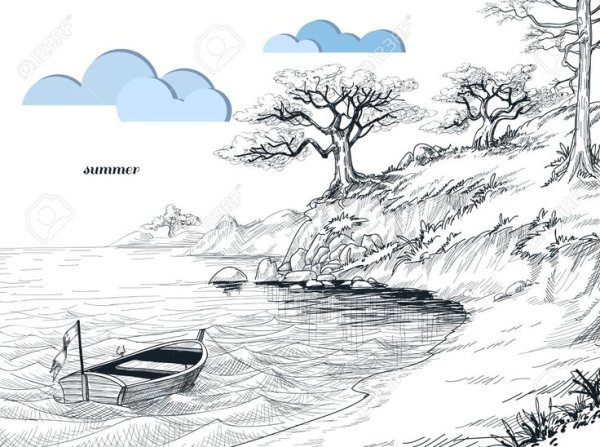 Пейзаж карандашом озеро