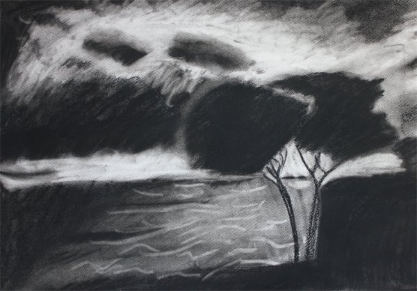 Изображение природы в состоянии бури. Черная и белая гуашь.