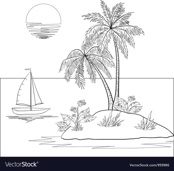 Пальма и море рисунок карандашом