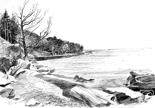 Пейзаж Байкала карандашом