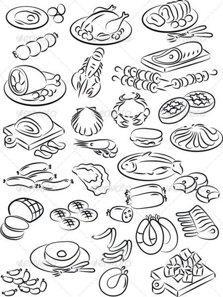 Силуэты продукты мясные, рыбные