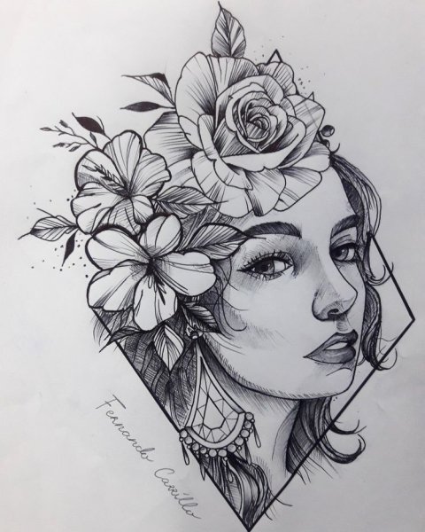 Эскиз одной линией женщина с цветами