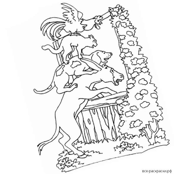 По сказке братьев Гримм «Бременские музыканты» раскраски