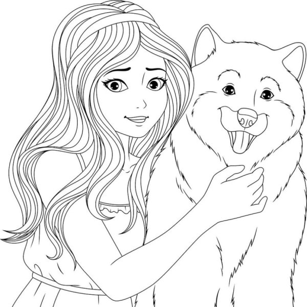 Девочка обнимает собачку раскраска