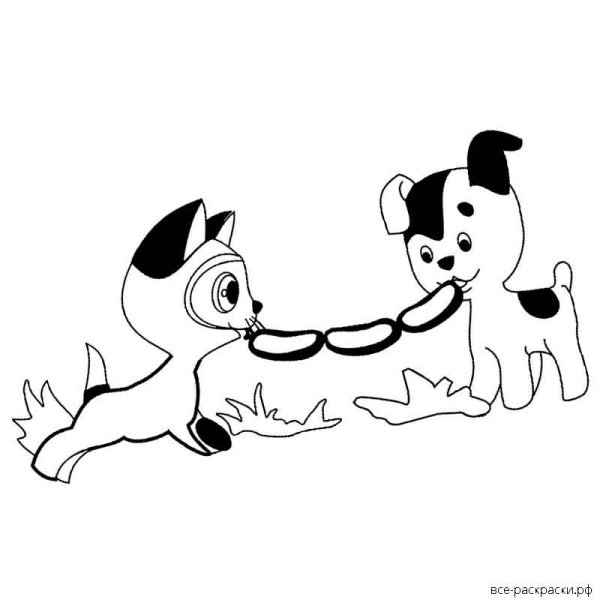 Раскраска котенок Гав и щенок