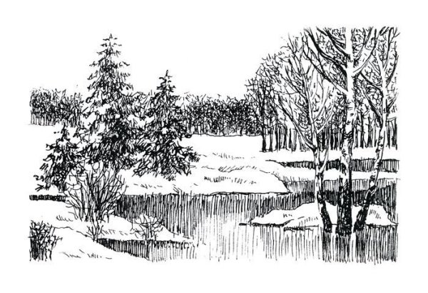 Зимний пейзаж тушью