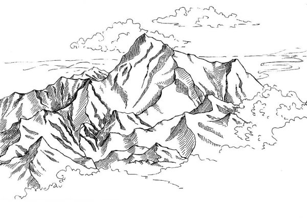 Горы и скалы карандашом