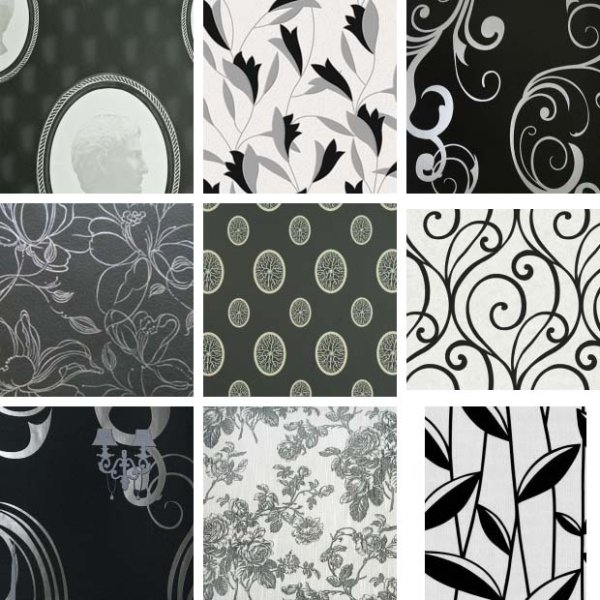 Серые обои с черным рисунком