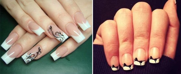 Маникюр квадрат френч черный с рисунком на безымянном пальце