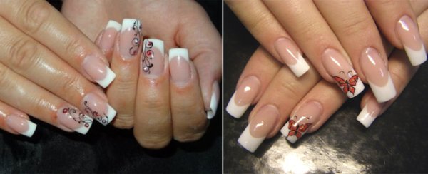 Ногти белый френч квадрат с бантиком