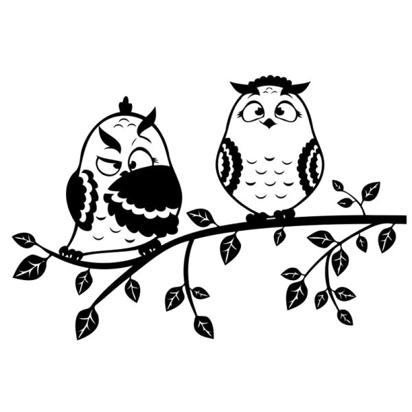 Совушки на ветке черно белая