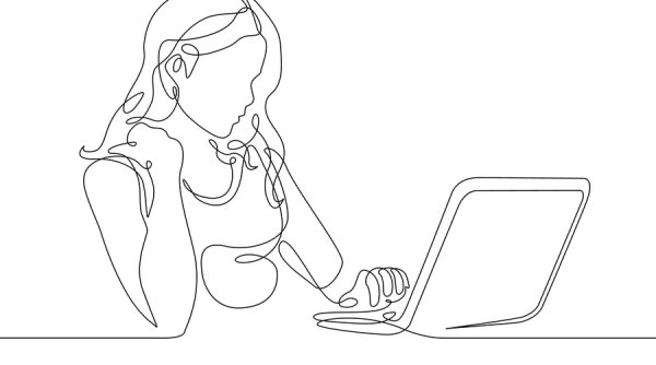 Девушка за компьютером одной линией