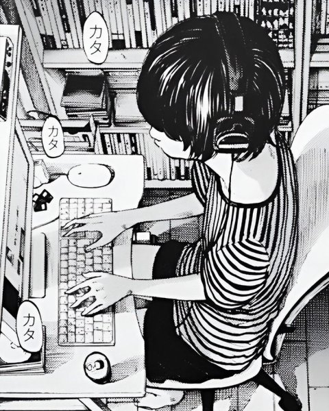 Аниме за компьютером чб