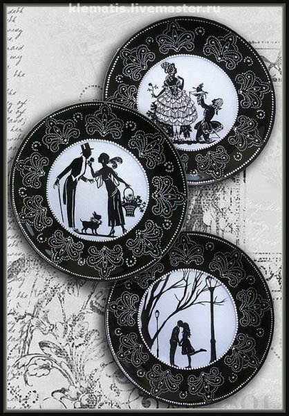 Тарелки декупаж черно белые