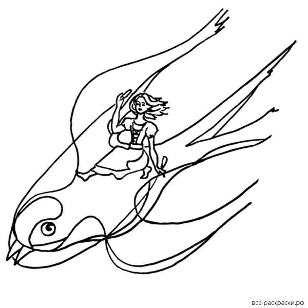 Раскраска Ласточка с Дюймовочкой