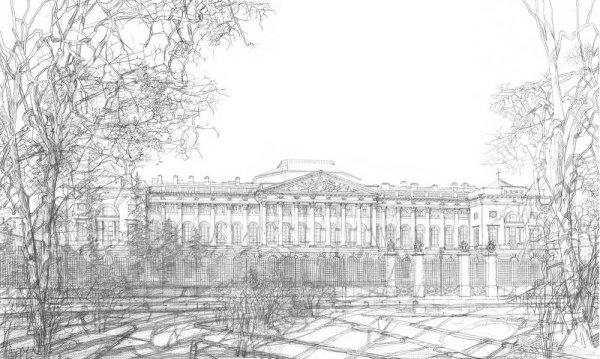 Здание Михайловского дворца в Санкт-Петербурге черно белый