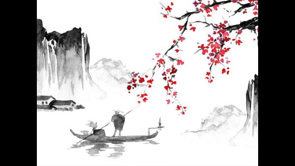 Японская традиционная Суми-э живопись. Гора Фудзи, Сакура