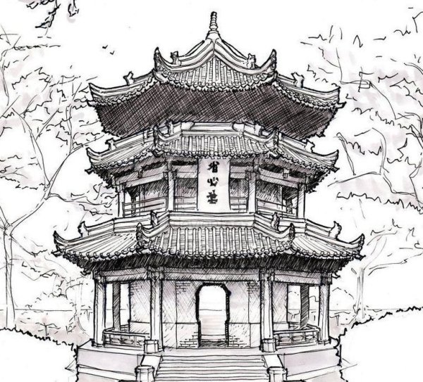 Китайские домики карандашом