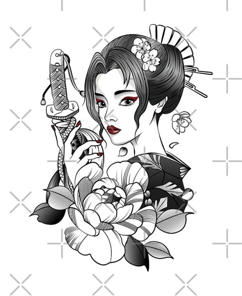 Эскиз тату гейша с мечом