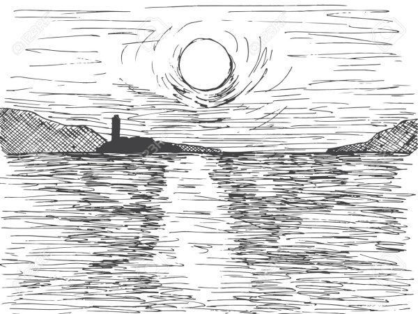 Эскизы карандашом заката у моря